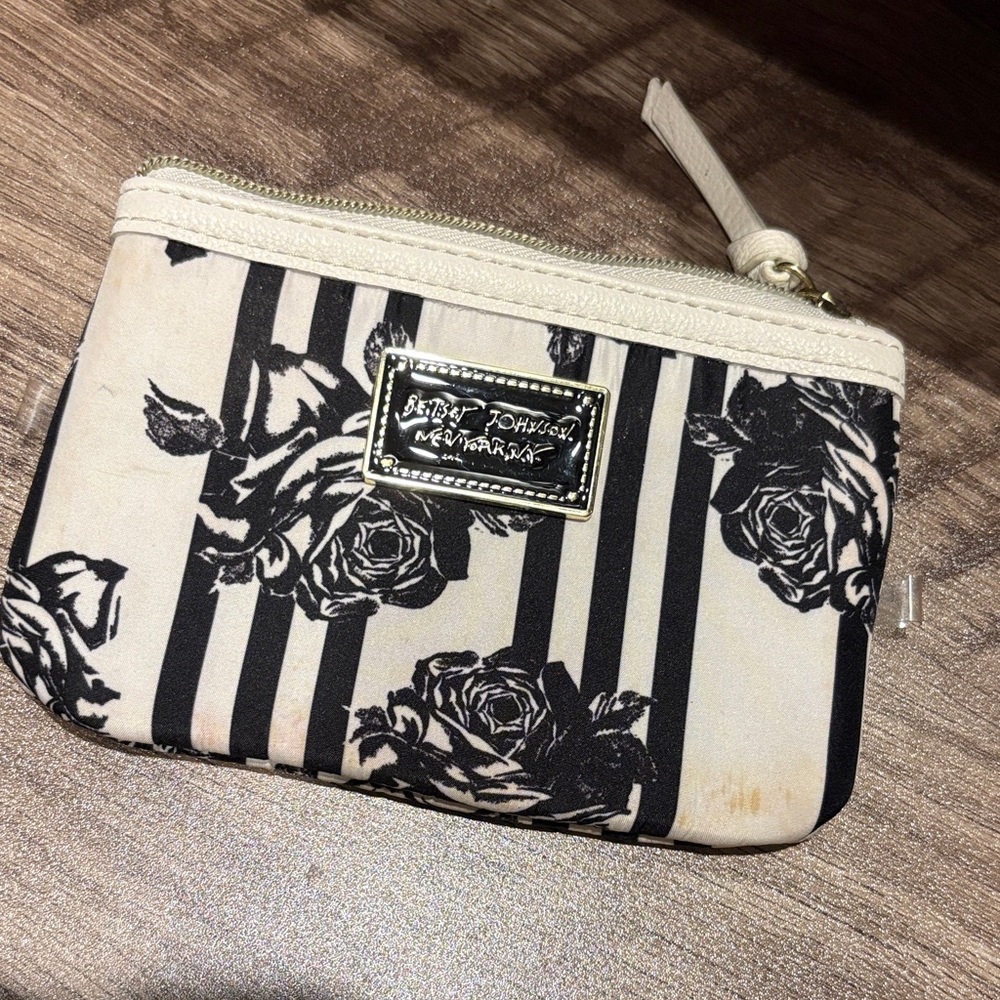 Betsey Johnson Black Floral Stripe Wristlet